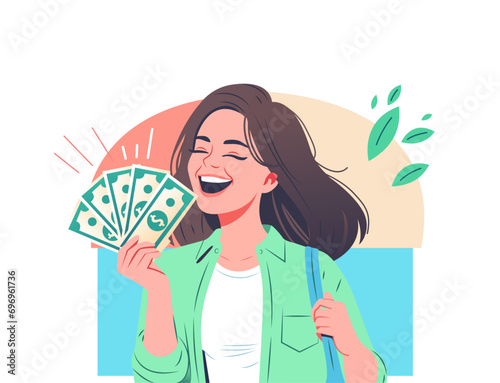 young woman lady in t-shirt posing on white background portrait lifestyle concept mock up holding fan of cash money dollar
