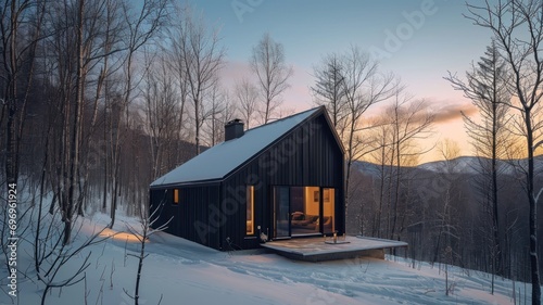 Tiny Modern Barn Shape Cabin with Gable Roof in Winter Golden Hour