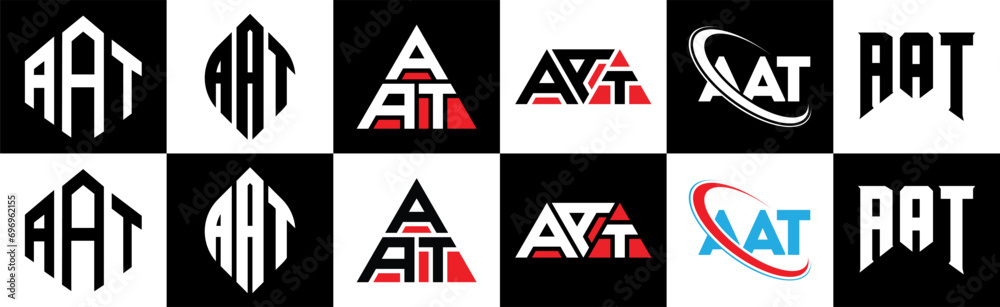 AAT letter logo design in six style. AAT polygon, circle, triangle, hexagon, flat and simple style with black and white color variation letter logo set in one artboard. AAT minimalist and classic logo AAT letter logo design in six style. AAT polygon, circle, triangle, hexagon, flat and simple style with black and white color variation letter logo set in one artboard. AAT minimalist and classic logo