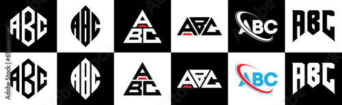 ABC letter logo design in six style. ABC polygon, circle, triangle, hexagon, flat and simple style with black and white color variation letter logo set in one artboard. ABC minimalist and classic logo
