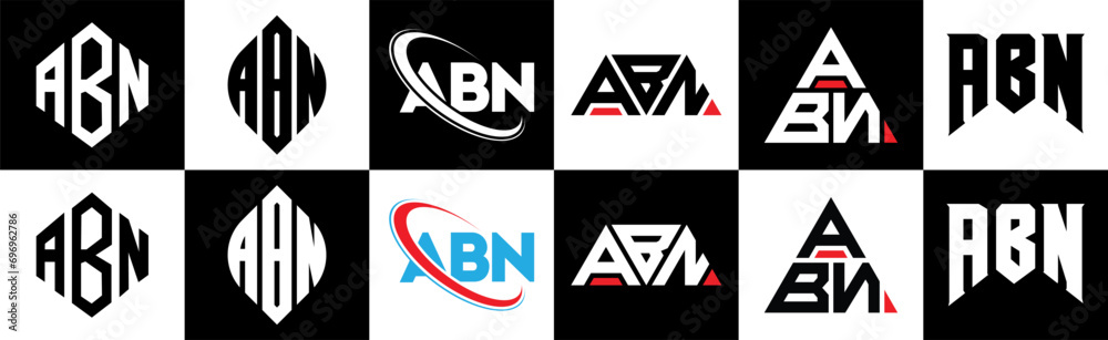 ABN letter logo design in six style. ABN polygon, circle, triangle, hexagon, flat and simple style with black and white color variation letter logo set in one artboard. ABN minimalist and classic logo ABN letter logo design in six style. ABN polygon, circle, triangle, hexagon, flat and simple style with black and white color variation letter logo set in one artboard. ABN minimalist and classic logo