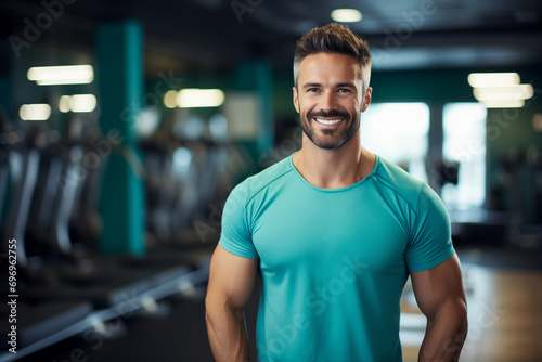 coach young man smiling in gym, in turquoise t-shirt, blurred background