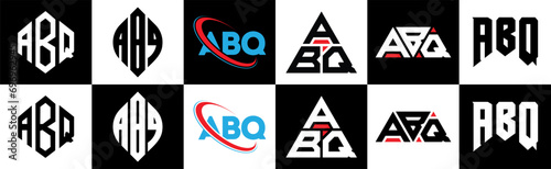 ABQ letter logo design in six style. ABQ polygon, circle, triangle, hexagon, flat and simple style with black and white color variation letter logo set in one artboard. ABQ minimalist and classic logo
