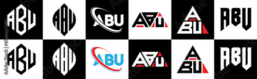 ABU letter logo design in six style. ABU polygon, circle, triangle, hexagon, flat and simple style with black and white color variation letter logo set in one artboard. ABU minimalist and classic logo