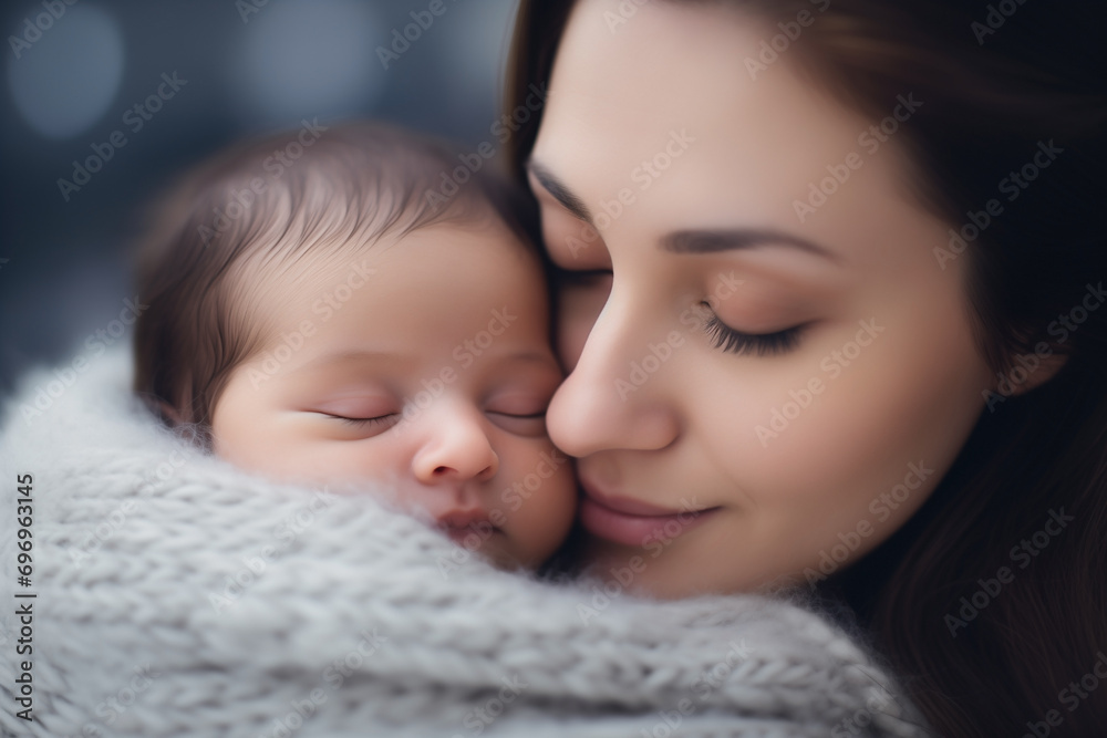 sleeping baby in mothers arms, close-up, selective focus, softness sleeping baby in mothers arms, close-up, selective focus, softness