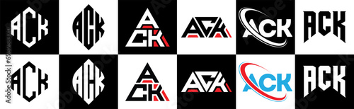 ACK letter logo design in six style. ACK polygon, circle, triangle, hexagon, flat and simple style with black and white color variation letter logo set in one artboard. ACK minimalist and classic logo
