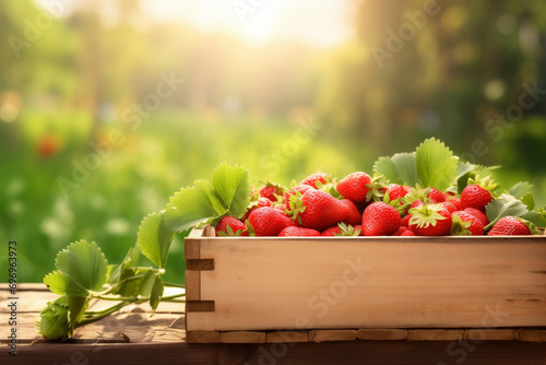 strawberry fresh in wooden crate  blurred plantation background