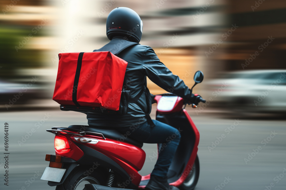 delivery man with red rectangular backpack on moped, back view, blurred backgrounds