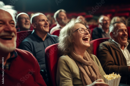 people of different looking, genders and ages in cinema laughing while watching comedic interest movie photo