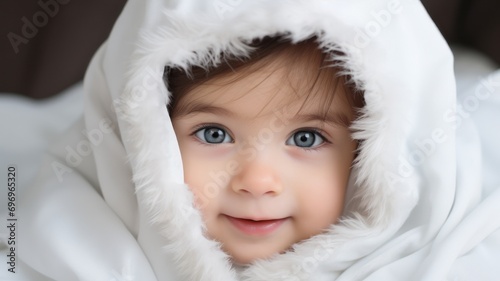 Close-Up Portrait of a Smiling Baby Boy Under White Blanket