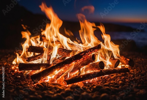 Close-up of a bonfire with bright lights in the background, bonfire, warm beautiful scene
