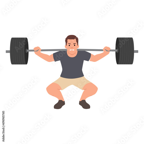 Man doing Barbell squat exercise with too much weights. Ego lifting concept. Flat vector illustration isolated on white background