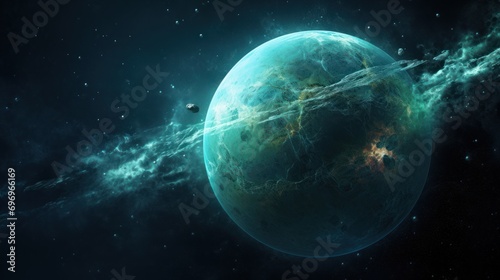  an artist's rendering of a planet in space with a distant object in the foreground and a distant object in the background.