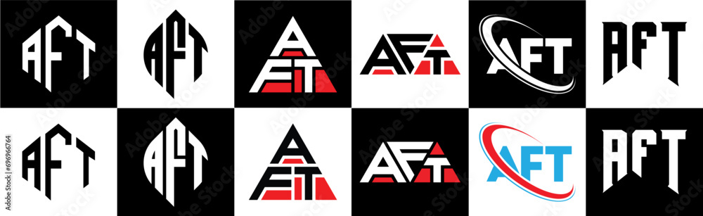 AFT letter logo design in six style. AFT polygon, circle, triangle, hexagon, flat and simple style with black and white color variation letter logo set in one artboard. AFT minimalist and classic logo AFT letter logo design in six style. AFT polygon, circle, triangle, hexagon, flat and simple style with black and white color variation letter logo set in one artboard. AFT minimalist and classic logo