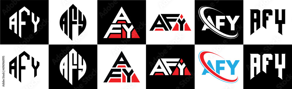 AFY letter logo design in six style. AFY polygon, circle, triangle, hexagon, flat and simple style with black and white color variation letter logo set in one artboard. AFY minimalist and classic logo AFY letter logo design in six style. AFY polygon, circle, triangle, hexagon, flat and simple style with black and white color variation letter logo set in one artboard. AFY minimalist and classic logo