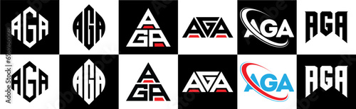 AGA letter logo design in six style. AGA polygon, circle, triangle, hexagon, flat and simple style with black and white color variation letter logo set in one artboard. AGA minimalist and classic logo