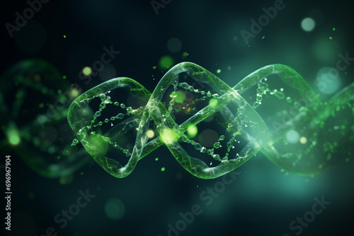 fictional abstract structure of DNA molecule from green transparent elements on dark background