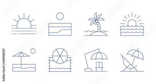 Beach icons. Editable stroke. Containing sunrise, beach, beach towel, beach umbrella, sunset, seat.