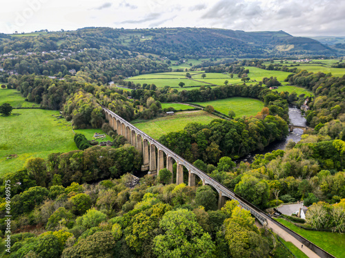 Llangollen canal famous Pontcysylte aqueduct. United Kingdom. Top cinematic aerial view.  photo