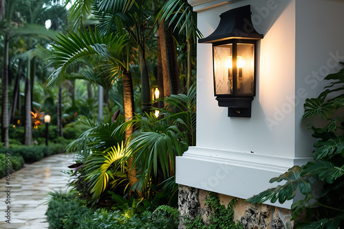 A small outdoor wall sconce against a wall  lighting from wall many plants around the wall  in the style of tranquil gardenscapes