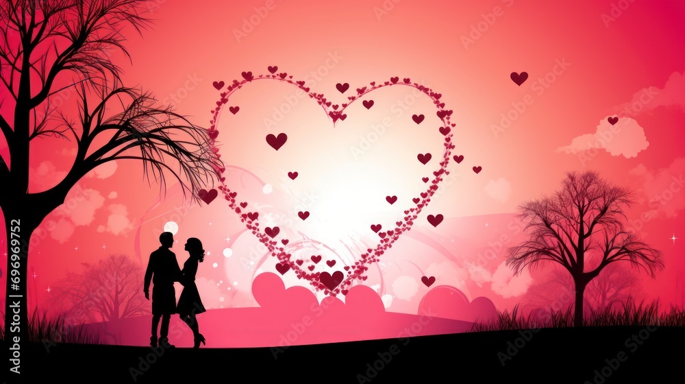 Φωτογραφία a silhouette of a man and a woman holding hands in front of a heart - shaped tree on a pink background