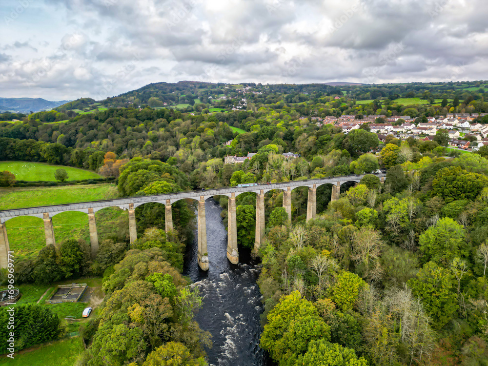 Llangollen canal famous Pontcysylte aqueduct. United Kingdom. Top cinematic aerial view. 