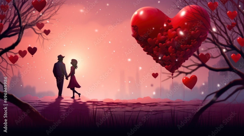 Φωτογραφία a man and a woman are holding hands and looking at a heart - shaped balloon in the sky above them