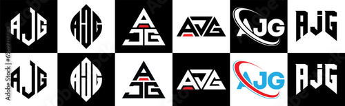 AJG letter logo design in six style. AJG polygon, circle, triangle, hexagon, flat and simple style with black and white color variation letter logo set in one artboard. AJG minimalist and classic logo