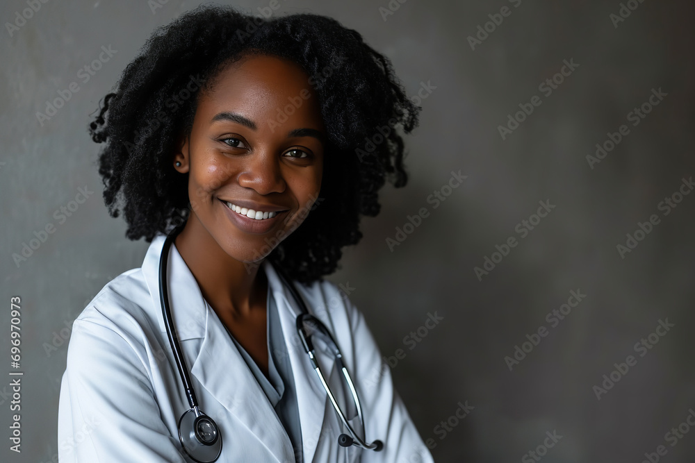 Studio photography a black female doctor smiling in front of a grey background Studio photography a black female doctor smiling in front of a grey background