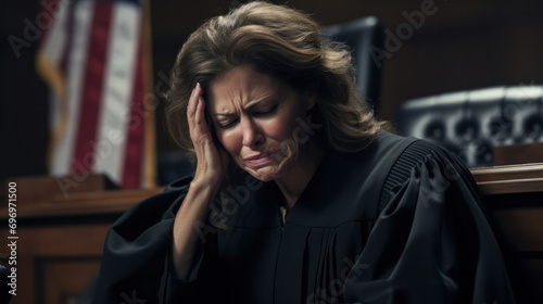 Female lawyer is stressed about losing a lawsuit in court hall.