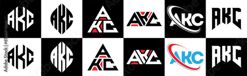 AKC letter logo design in six style. AKC polygon, circle, triangle, hexagon, flat and simple style with black and white color variation letter logo set in one artboard. AKC minimalist and classic logo photo