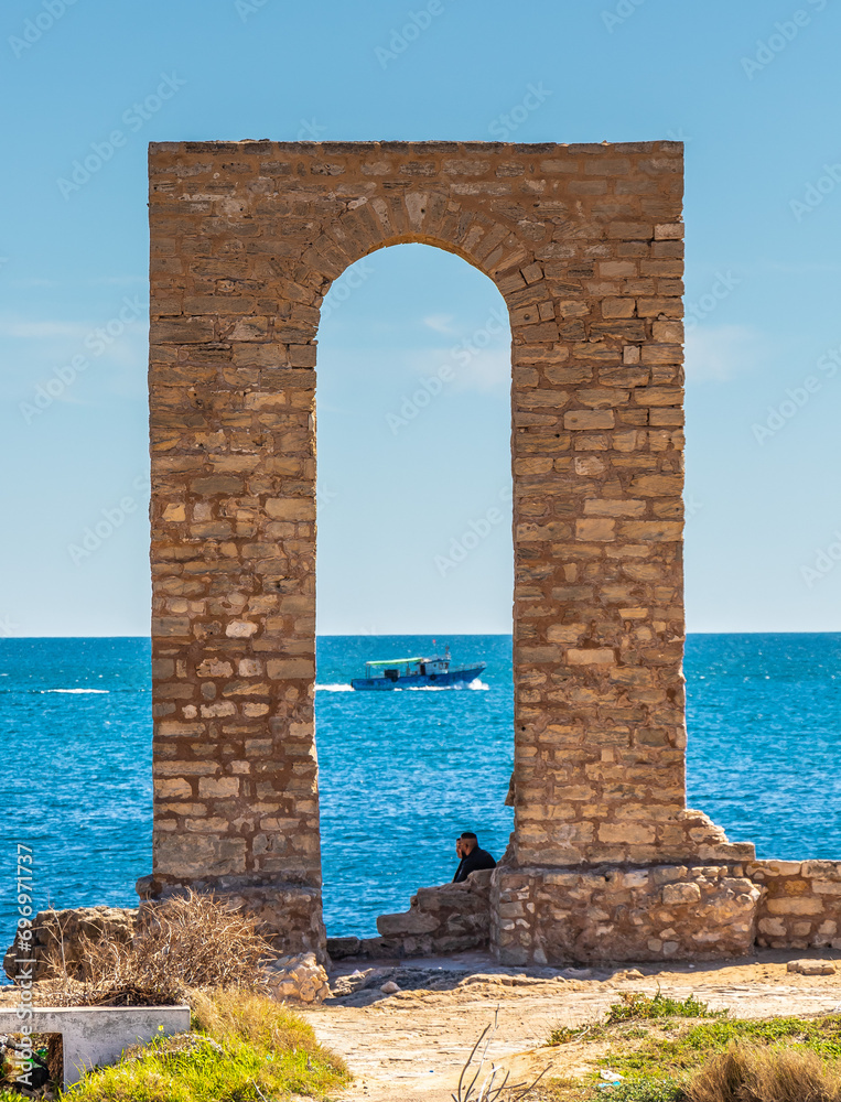 Arc near the Phoenician Cothon and Cemetery on the Coat of Arms of Mahdia, Tunisia. North Africa