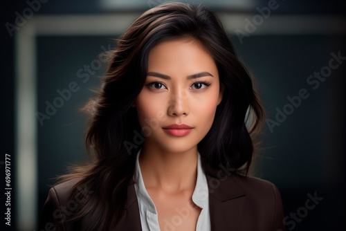 a beautiful asianwoman business in the office, strong facial expression, dark white and dark brown, simple, multi-layered © Enrique