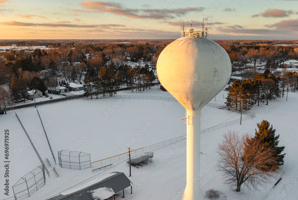 Water Tower Looms Over Winter Ball Park at Sunset