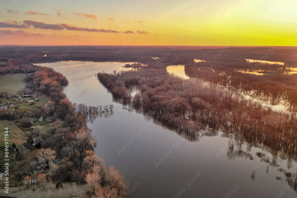 Spring Flooding and Brillant Yellow Sunset