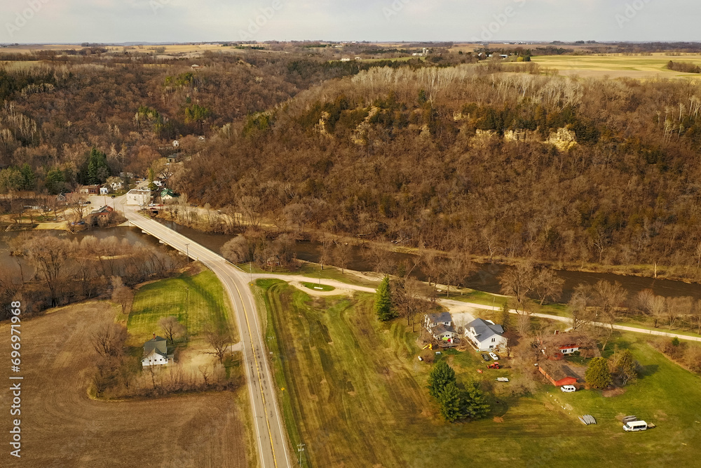 Farm and Small River Town in Spring