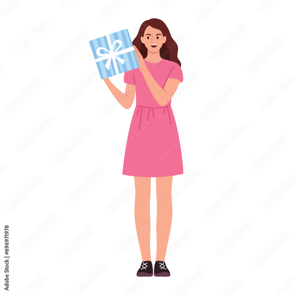 happy girl holding a gift. Vector flat illustration of man with gift happy girl holding a gift. Vector flat illustration of man with gift