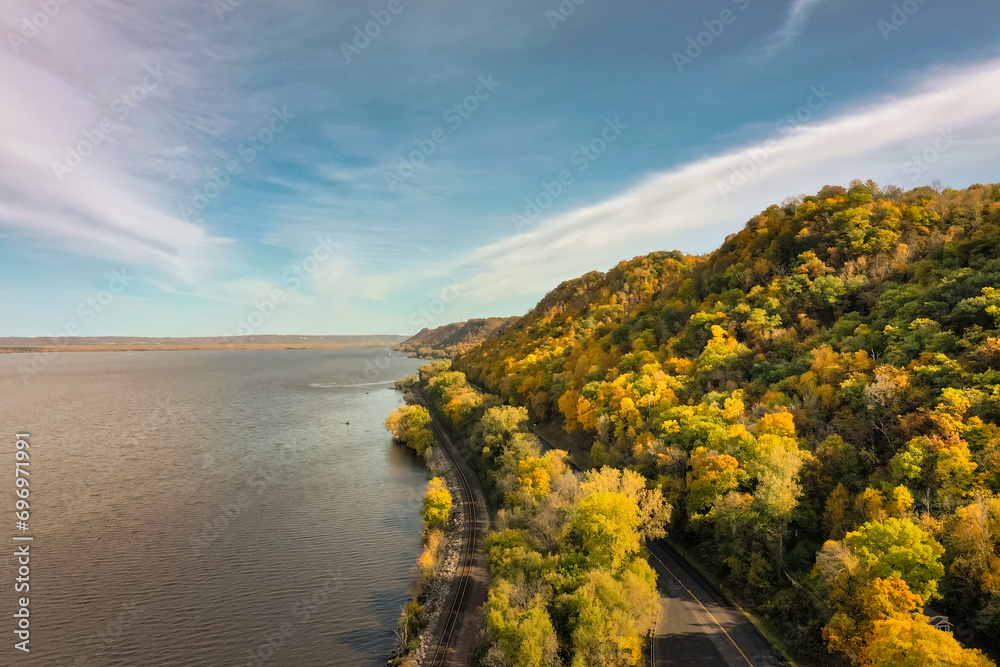 River Bluffs in Autumn Colors Railroad and Road