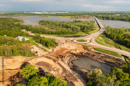 Obraz na płótnie Road Construction Roundabout and River Bridge w salonie