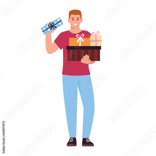 happy boy holding many gifts. Vector flat illustration of man with gift	