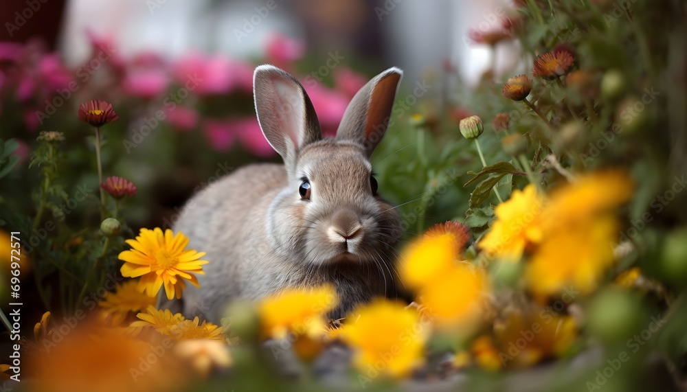 Hase zwischen pinken und gelben Blumen (AI-/KI-generiert) Hase zwischen pinken und gelben Blumen (AI-/KI-generiert)