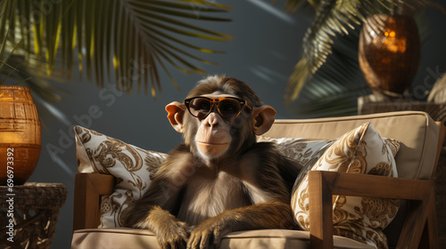 pictures that feature monkeys. A close-up of a monkey relaxing on a beach chair while using sunglasses