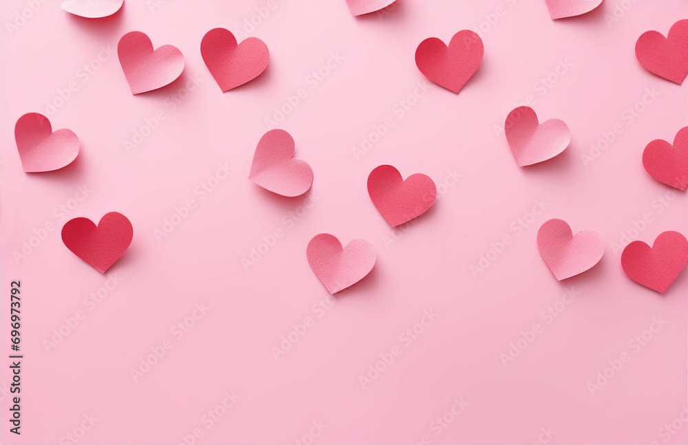 Pink paper craft hearts confetti isolated on pastel background. Valentine's day, wedding or baby shower. Love concept. Birthday party banner. Flat lay, top view.