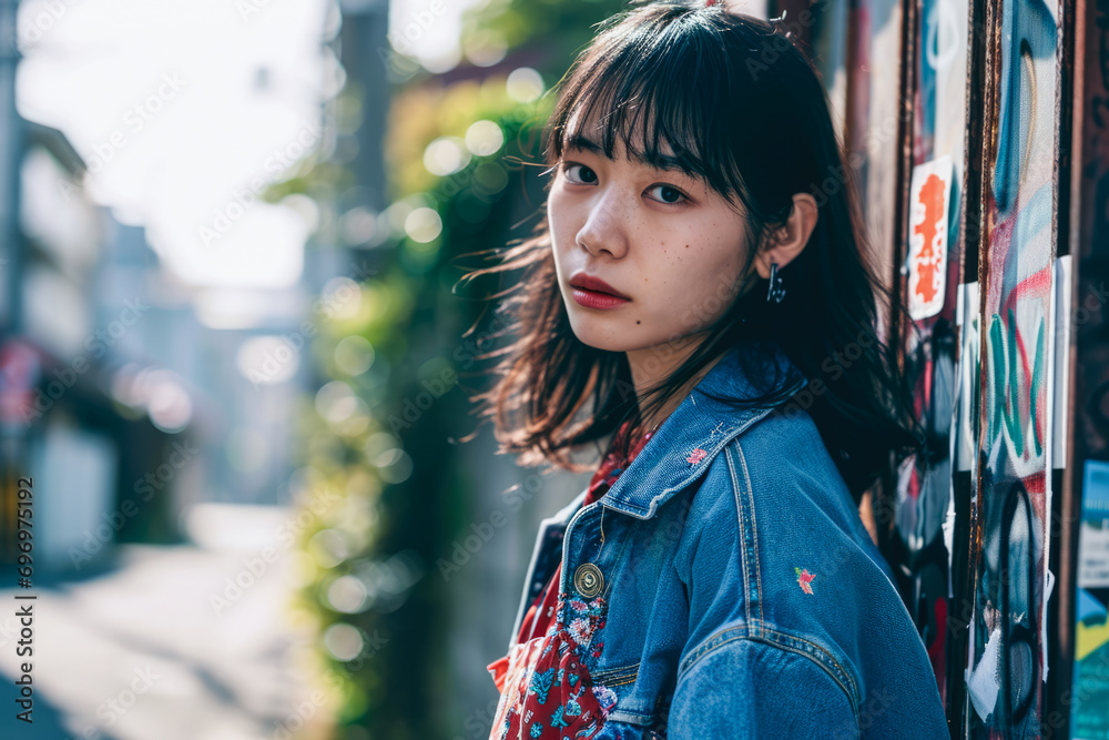 Asian young woman dressed in 90's clothing Asian young woman dressed in 90's clothing