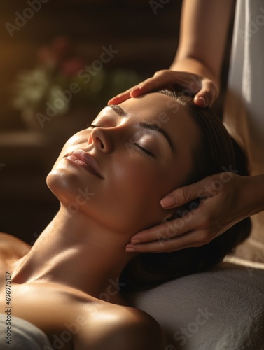 Gorgeous Mature Lady Receiving Professional Relaxing Massage At Spa By Therapist While Lying On Table With Eyes Shut.