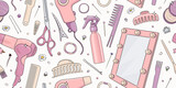 Seamless pattern for hairdresser salon with hand drawn tools. Modern trendy hair salon background. Vector illustration