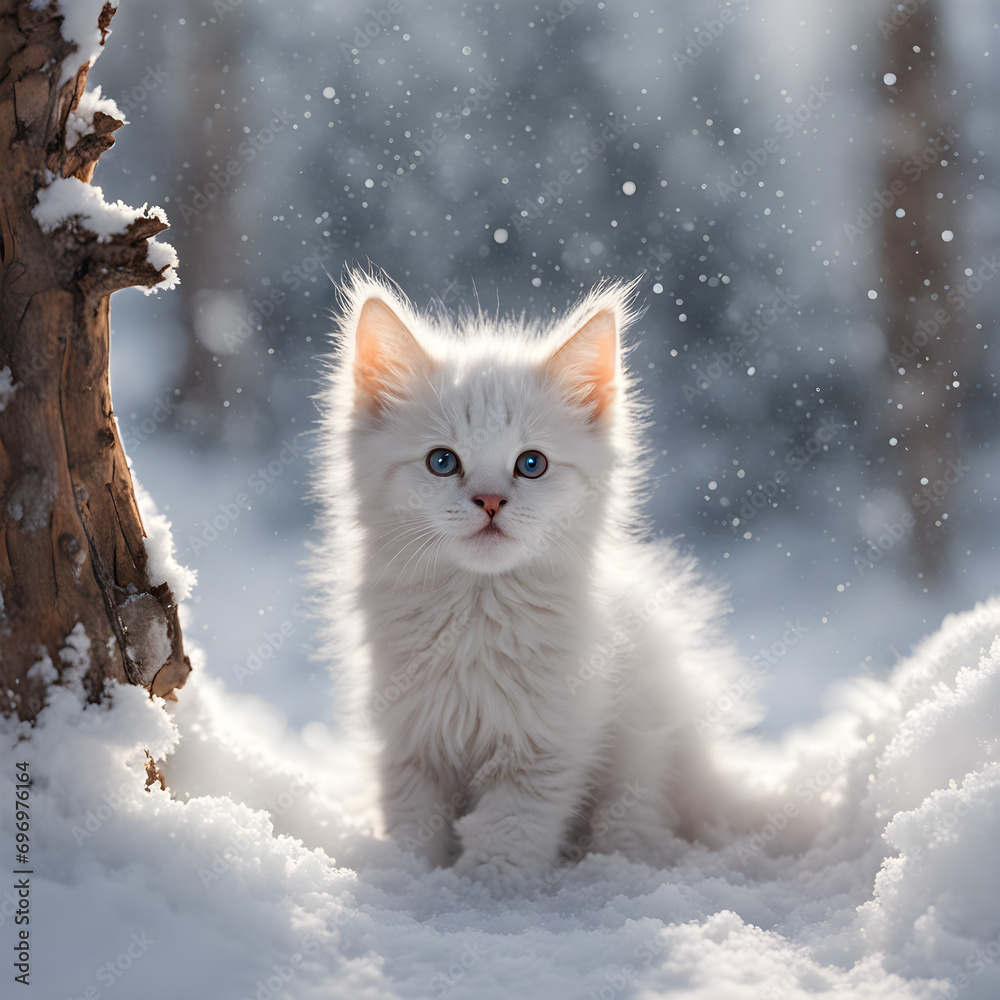 a white cat sitting in snow and looking at the camera