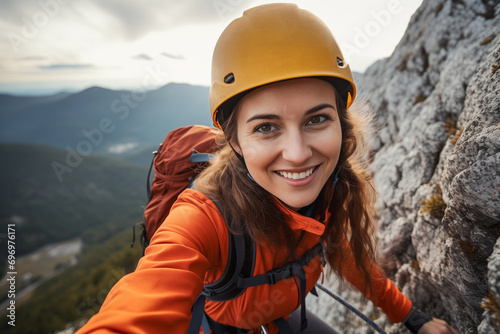A beautiful young rock climbing woman climbs a rock wall.