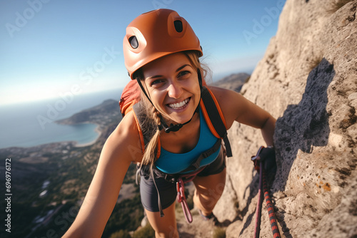 A beautiful young rock climbing woman climbs a rock wall. photo