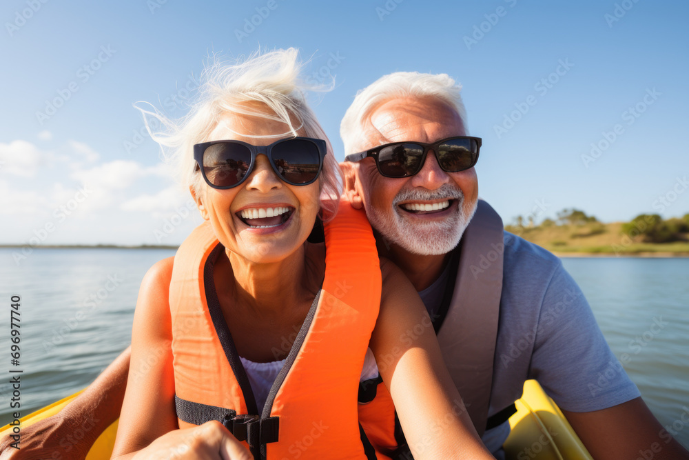 A beautiful senior couple kayaking A beautiful senior couple kayaking
